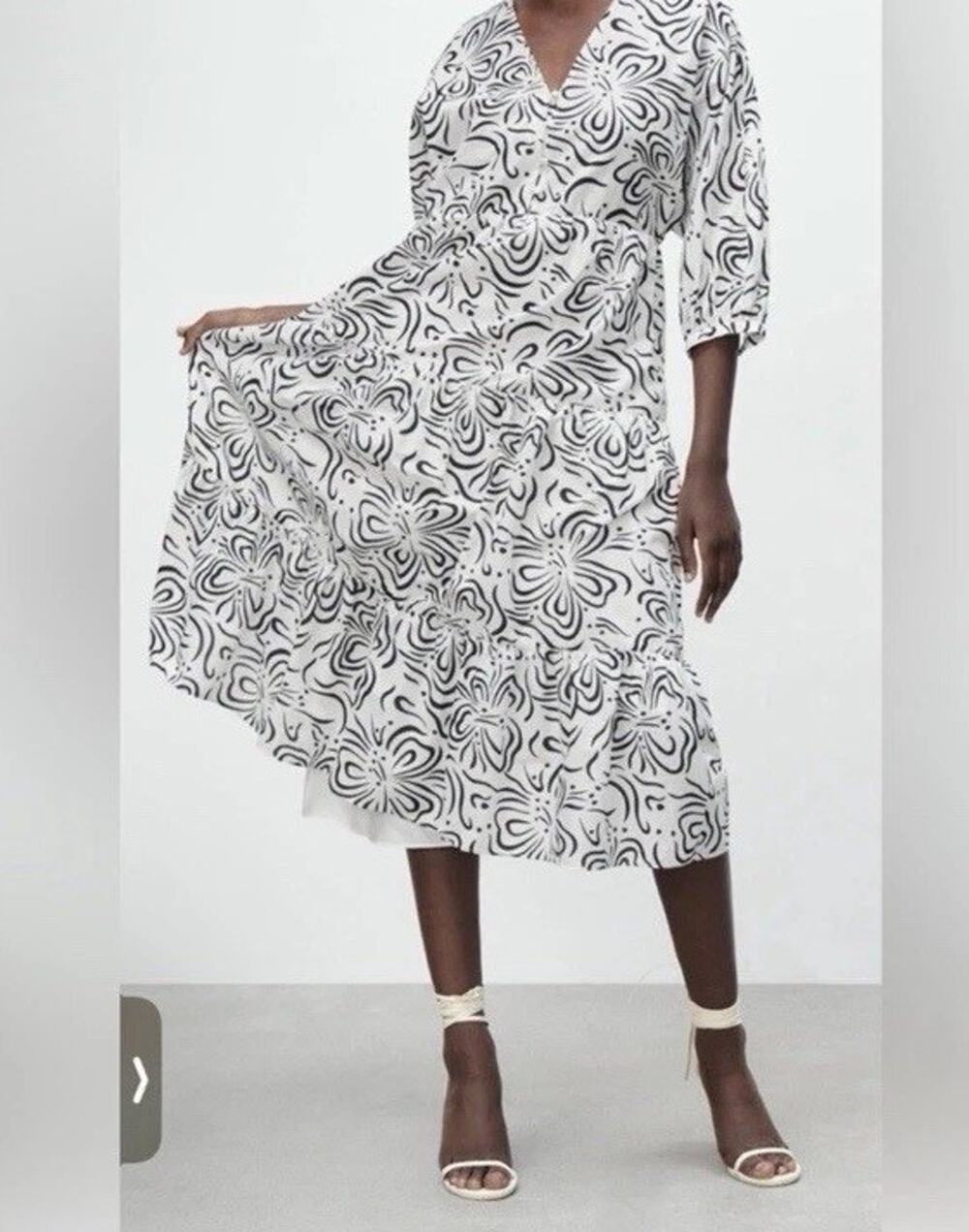 Zara Black and White cotton midi dress 3/4 sleeve sz Small NWT $70